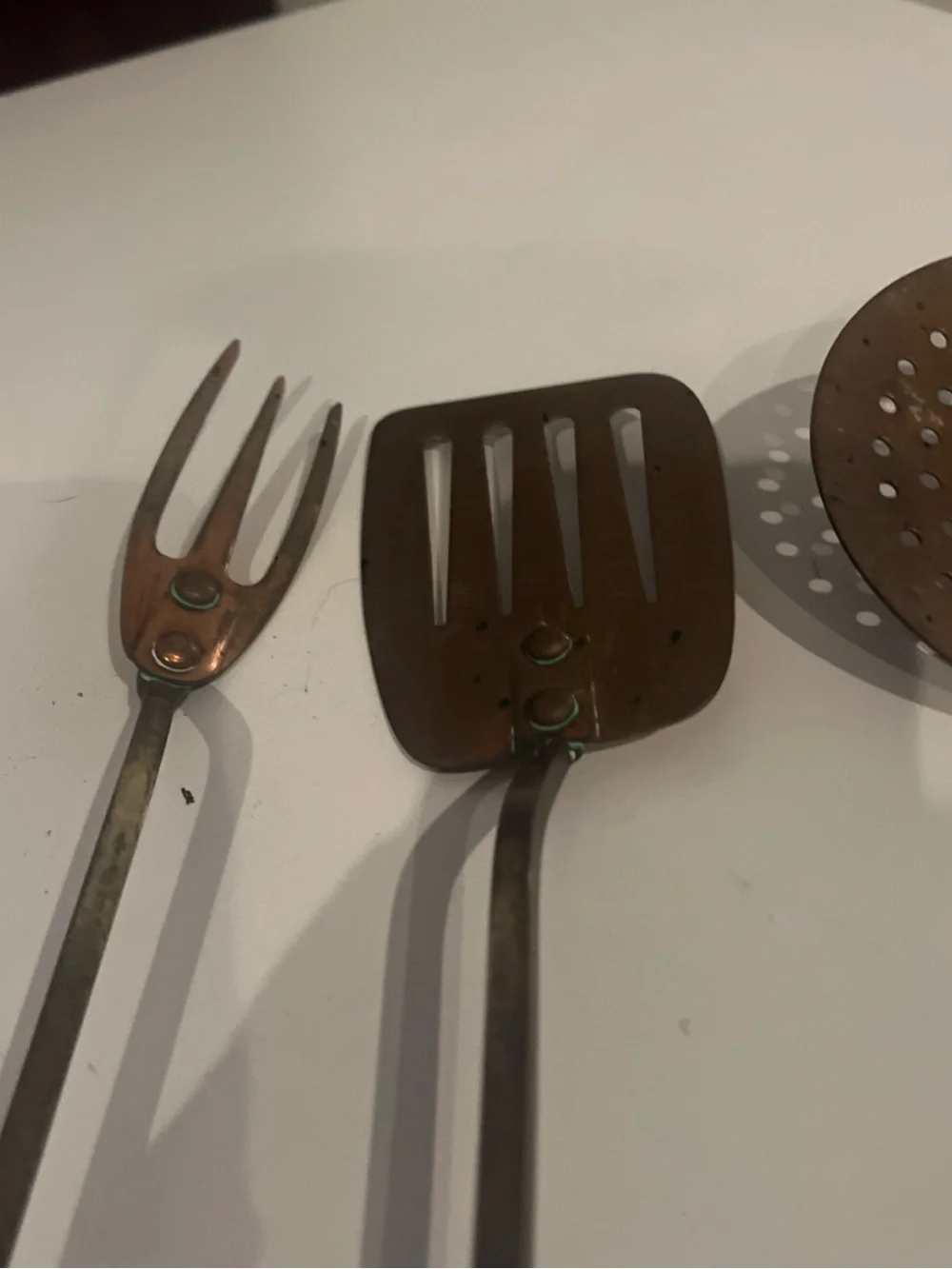 Vintage Brass & Cooper Kitchen Utensils Hanging Set MCM Farmhouse 15”